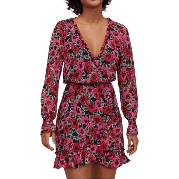 H&M Divided Red Fuchsia Pink Black Floral Faux Wrap Long Sleeve Dress Size M - Picture 9 of 10